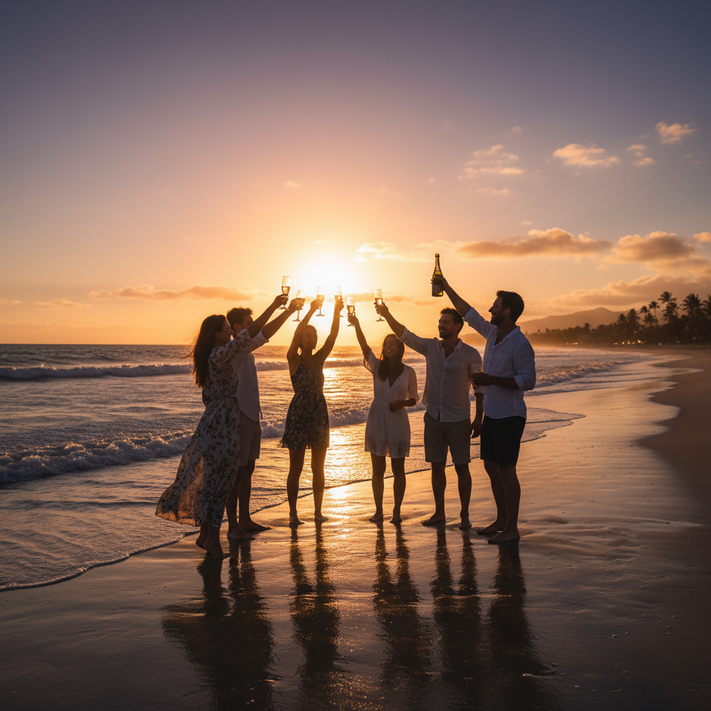 Group of friends cheering toast on beach sunset vacation backlight
