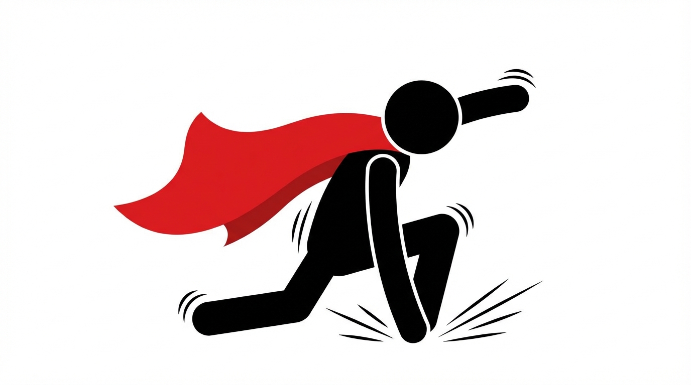 Stick figure with a red cape crouching low to the ground, preparing to jump. Motion lines indicating tension. White background.