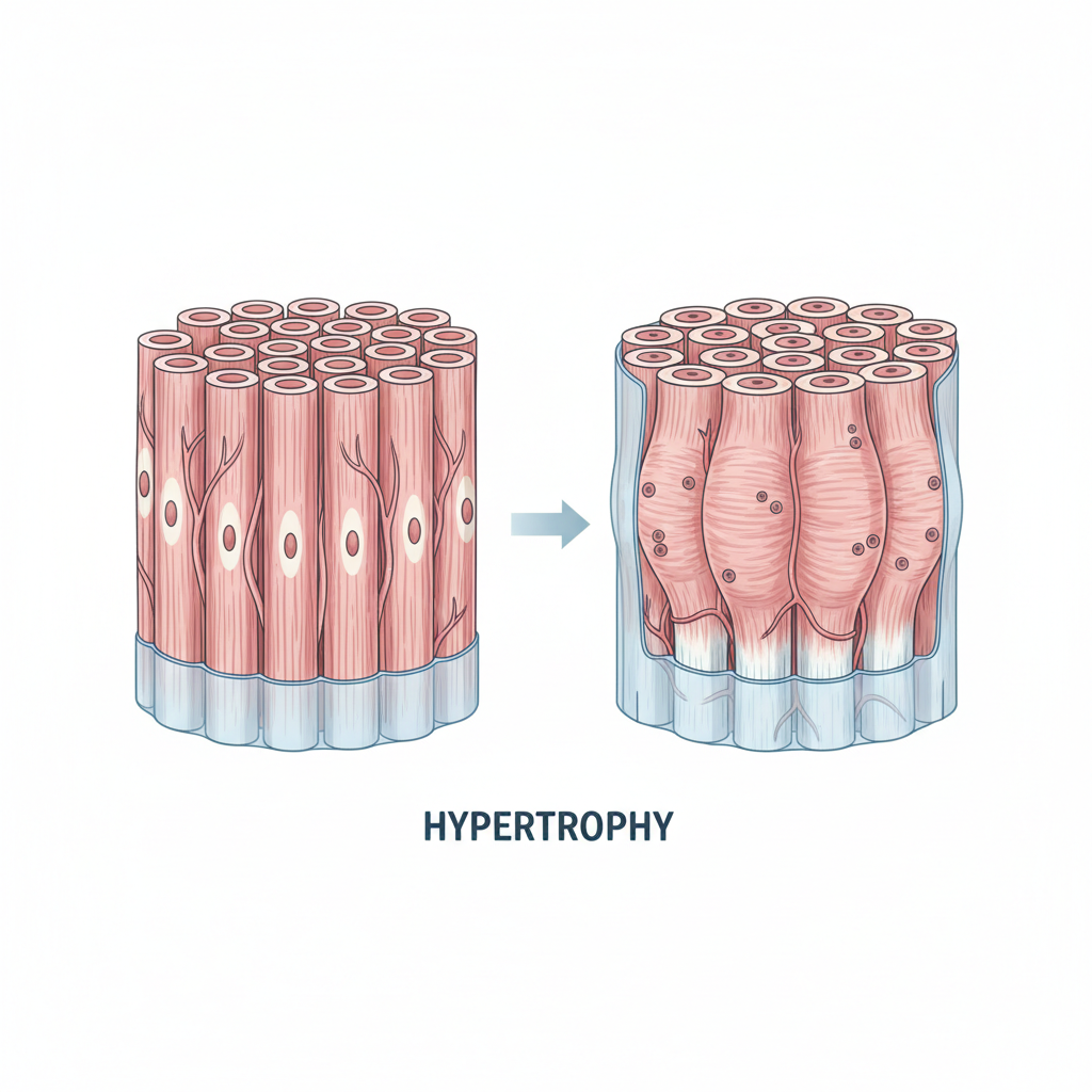 Anatomy illustration of muscle fibers showing hypertrophy, clean medical style