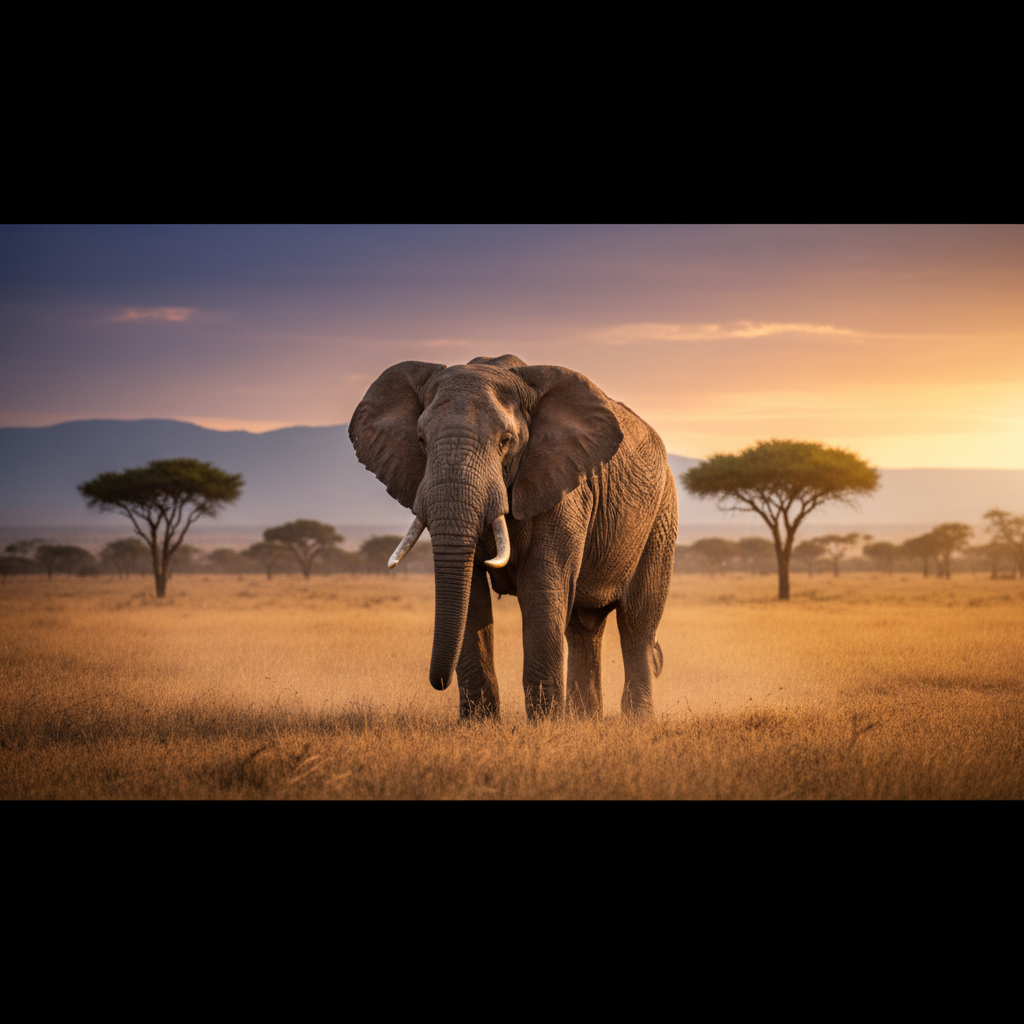 A majestic African elephant in the savanna, realistic, cinematic lighting, high resolution, photography style