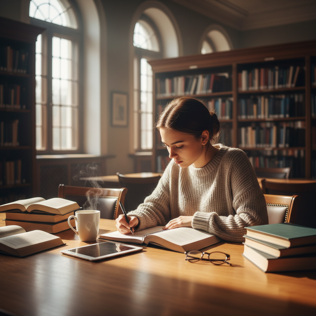 student studying with coffee, books, calm atmosphere, library, focus