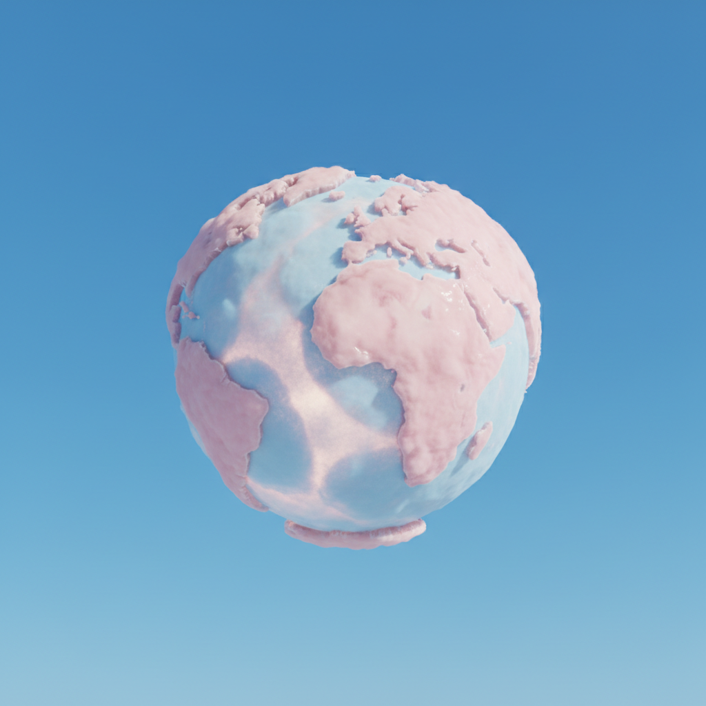 Earth globe made entirely of fluffy pink and blue cotton candy clouds, bright blue sky background, 3d render, playful shiny texture