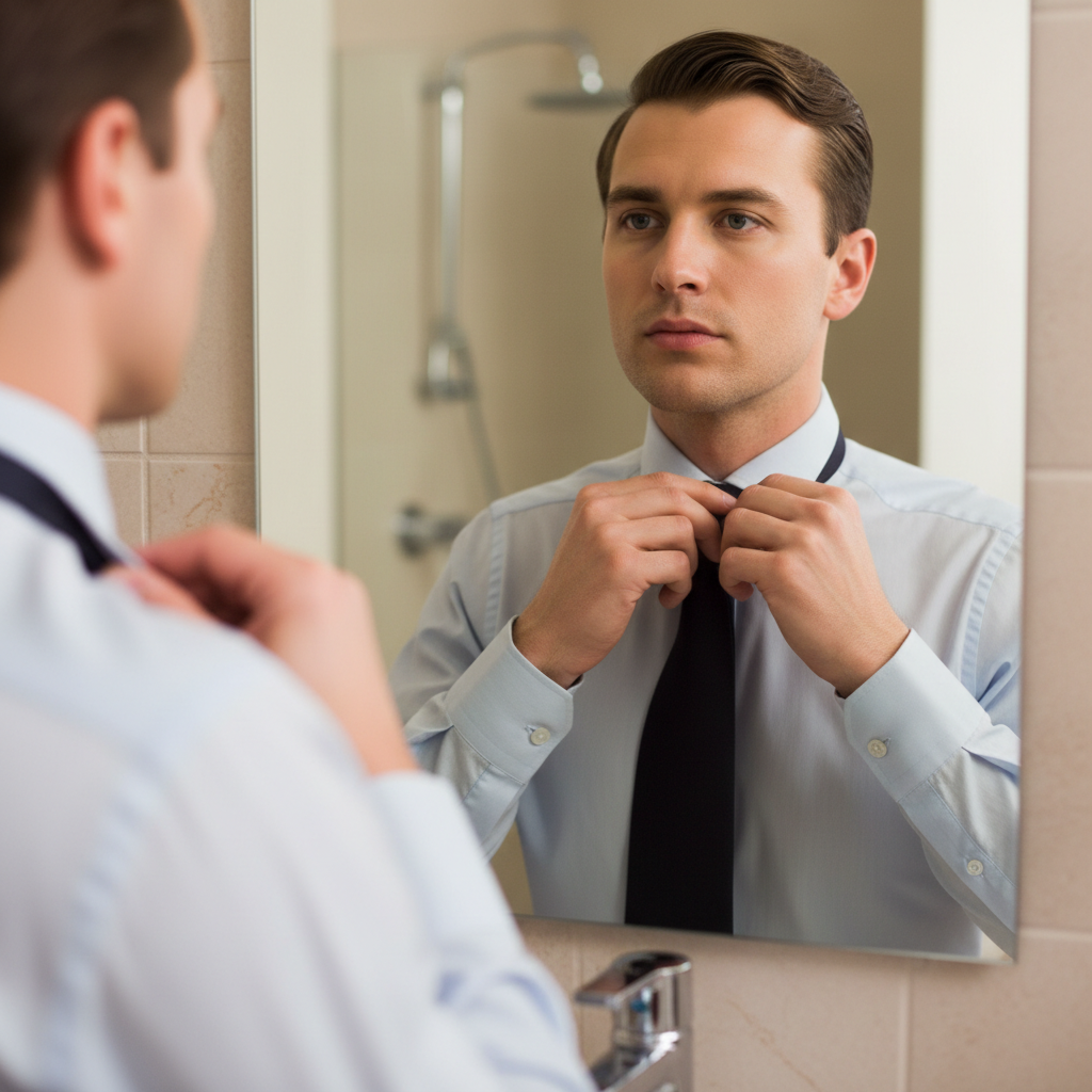 Close up photo of a professional adjusting their tie or collar in a mirror, clean hands, tidy appearance, soft lighting, realistic job preparation scene