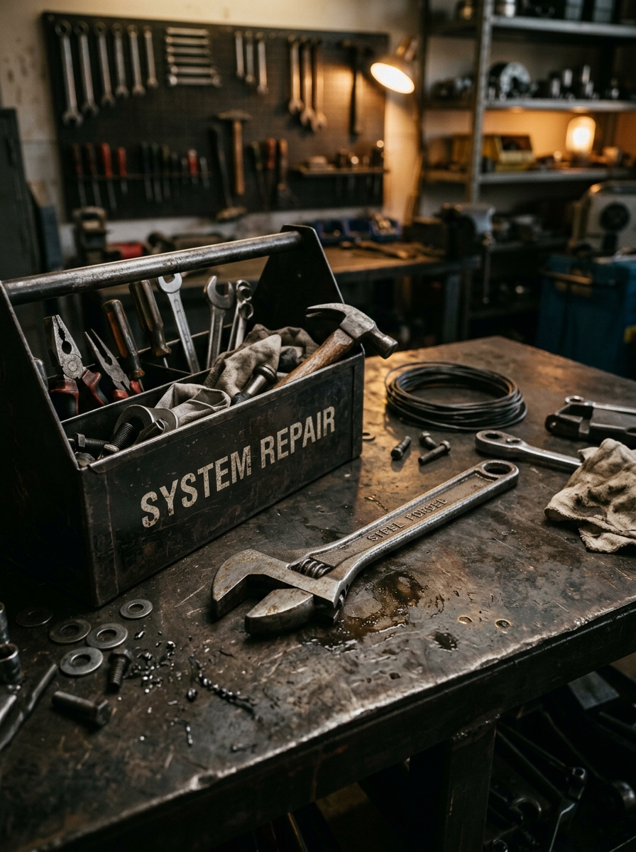 Toolkit and wrench on workbench