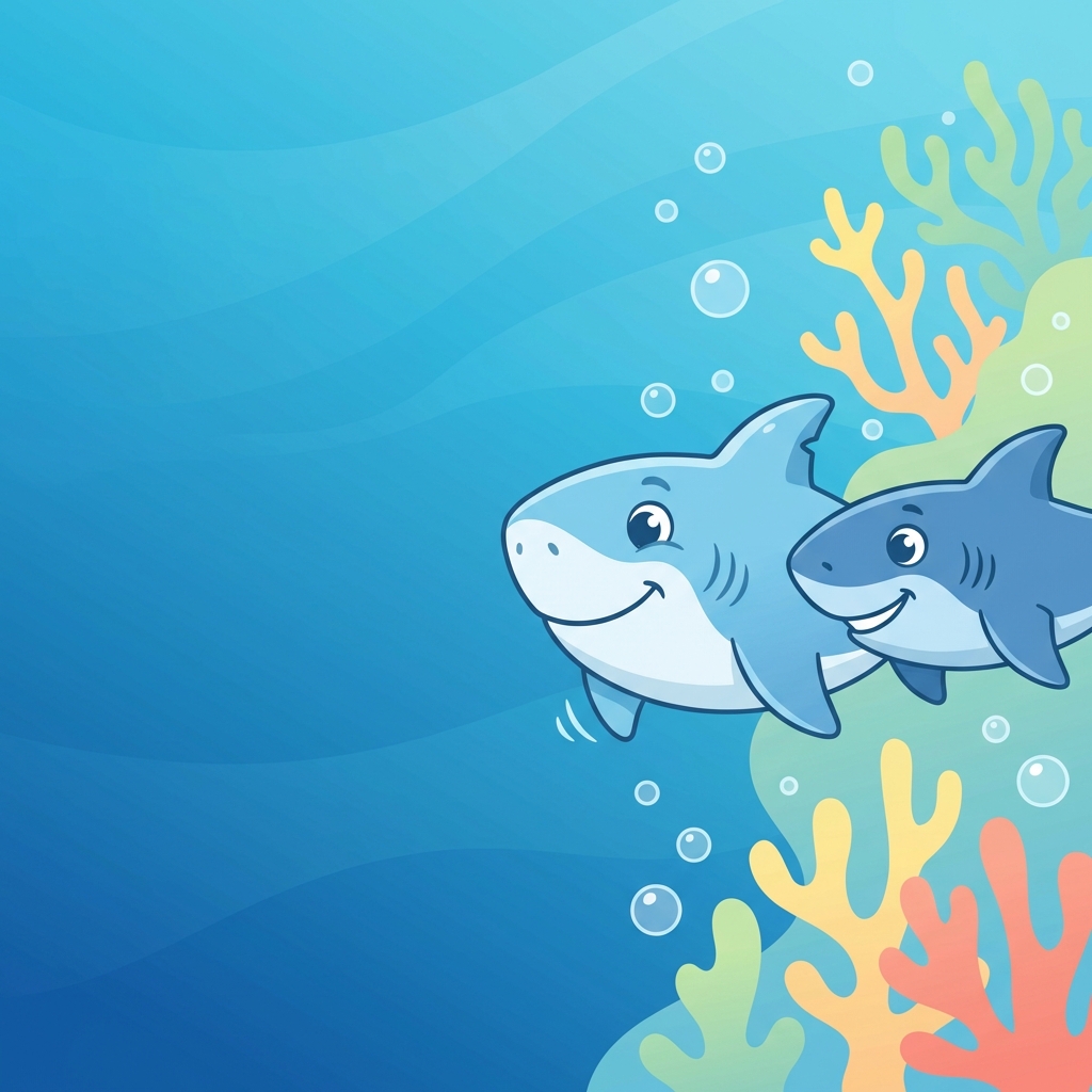 2 cute cartoon sharks swimming together on the right