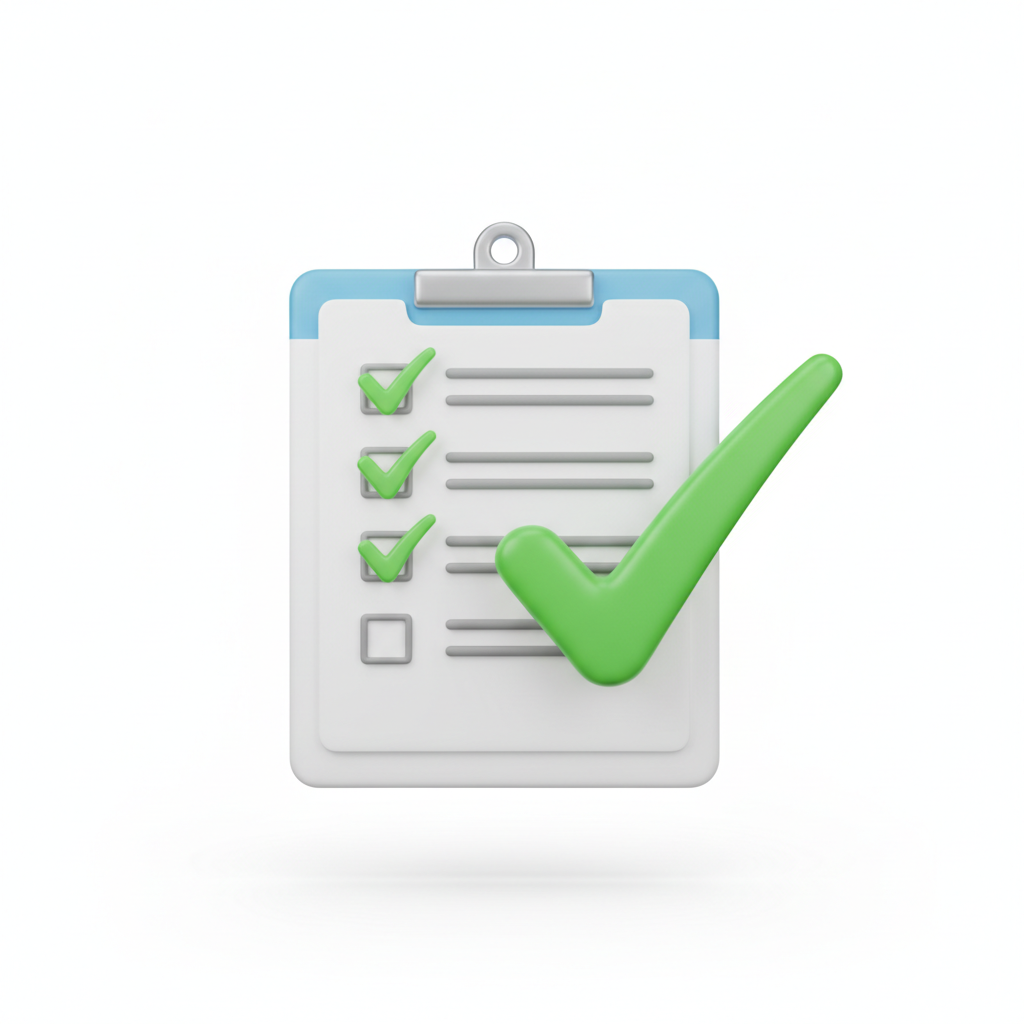3D icon of a clipboard checklist with a green checkmark, clean white background, educational style