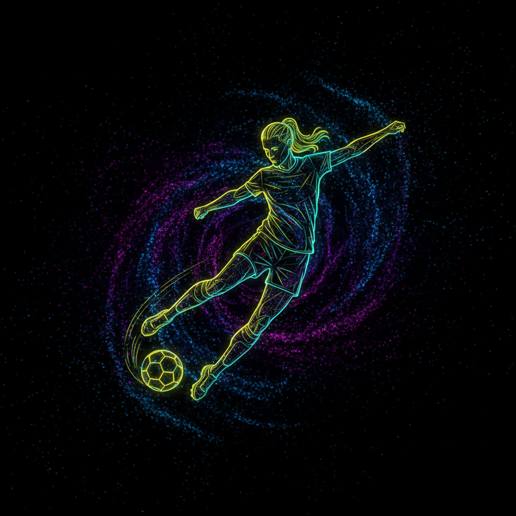 silhouette of a female soccer player kicking a ball, neon yellow and green outlines, dark background with digital particle effects, futuristic sports graphic