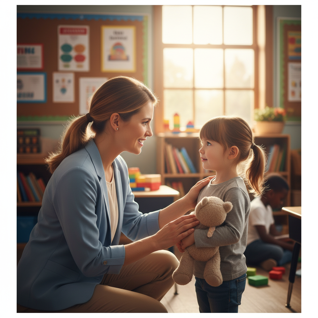 Teacher kneeling down to speak kindly to a small child, eye level, warm lighting, classroom background, trust and safety concept