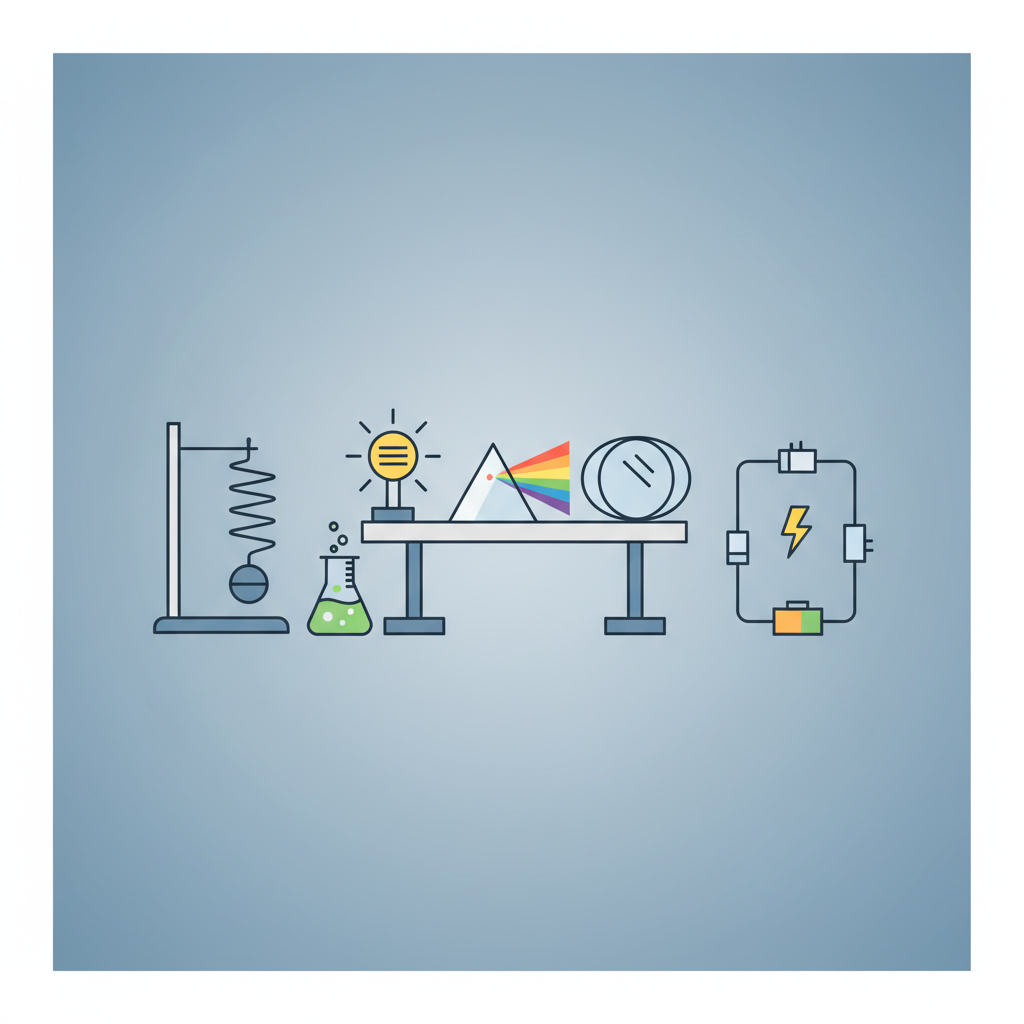 vector illustration of a physics lab setup, clean minimalist style, scientific equipment icons