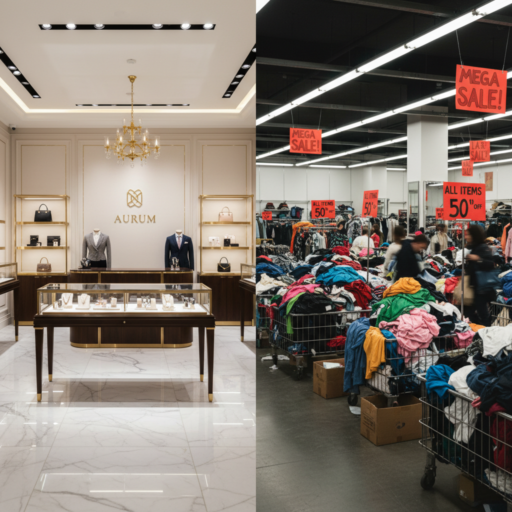 Split screen composition, high contrast, photorealistic. Left side: elegant luxury retail store interior, marble floors, minimal lighting, gold accents, premium branding atmosphere. Right side: chaotic retail liquidation sale, messy piles of clothes, large red 'SALE' and '50% OFF' signs, harsh fluorescent lighting. Cinematic lighting.