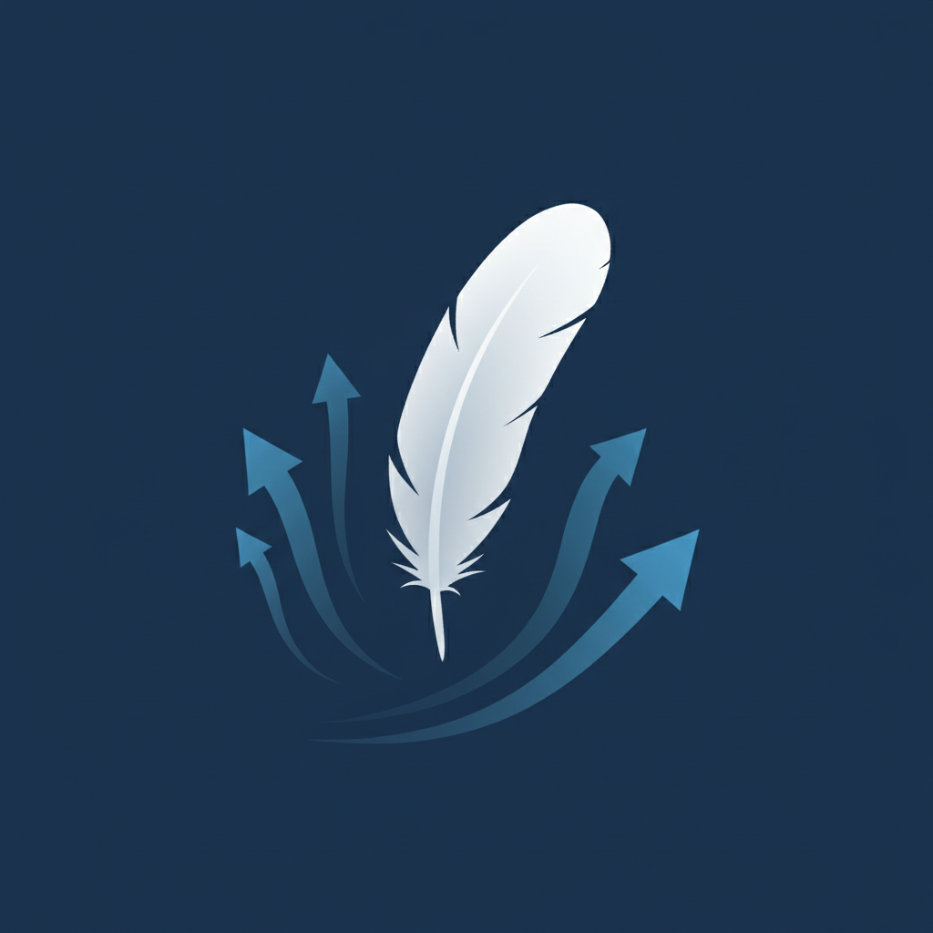 vector illustration of a feather floating in an upward air stream, metaphor for warm air rising, dark blue background, soft blue arrows showing air flow