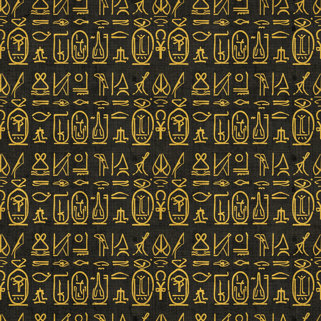 seamless dark egyptian papyrus texture with golden hieroglyphs overlay