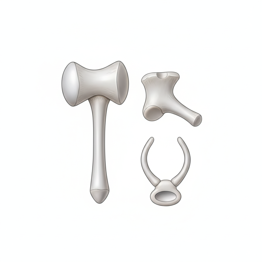 Detailed medical illustration of Hammer Malleus, Amboss Incus, Steigbügel Stapes, isolated on white background, no text, no labels