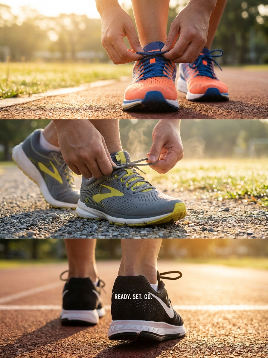 Close up shots of sneakers tying laces, getting ready to run, morning light, motivation