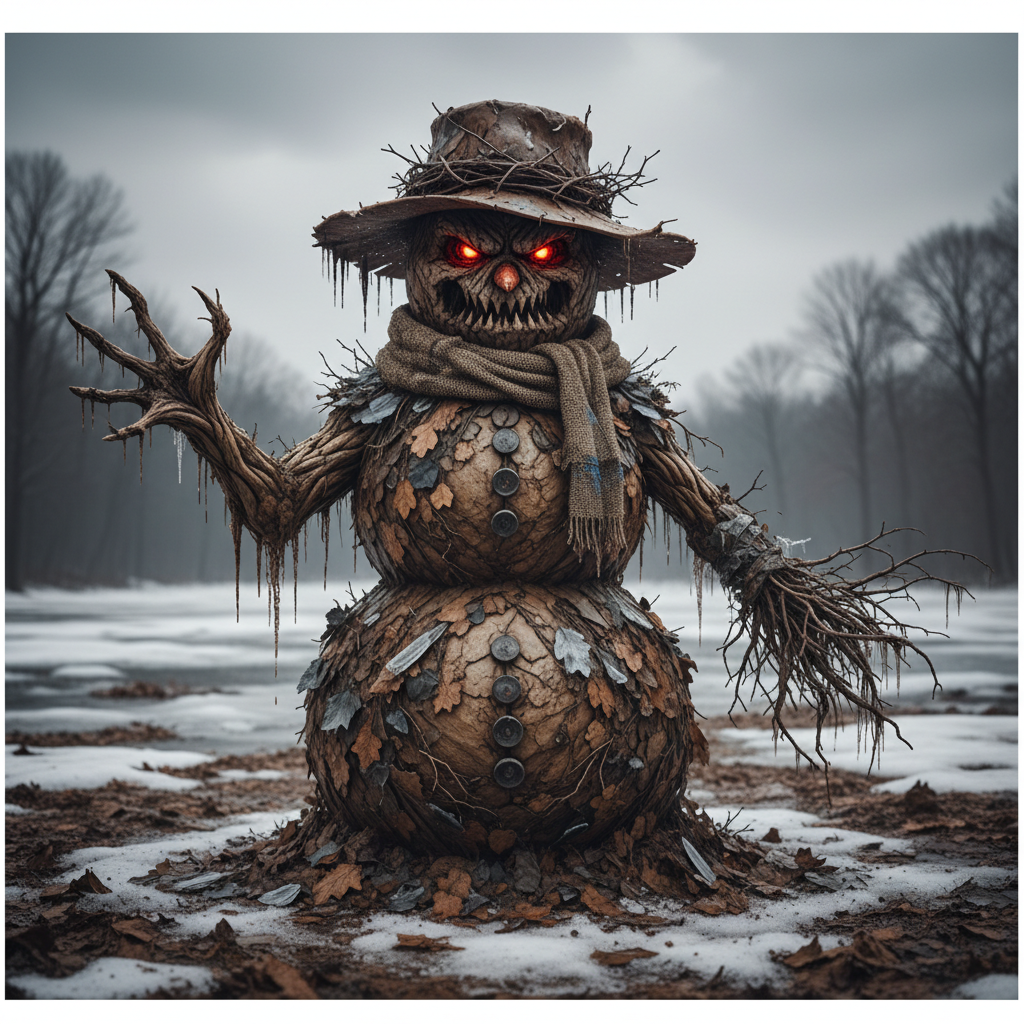 A grotesque, brown, dirty snowman made of slush and muddy leaves, looking rugged and tough, realistic style