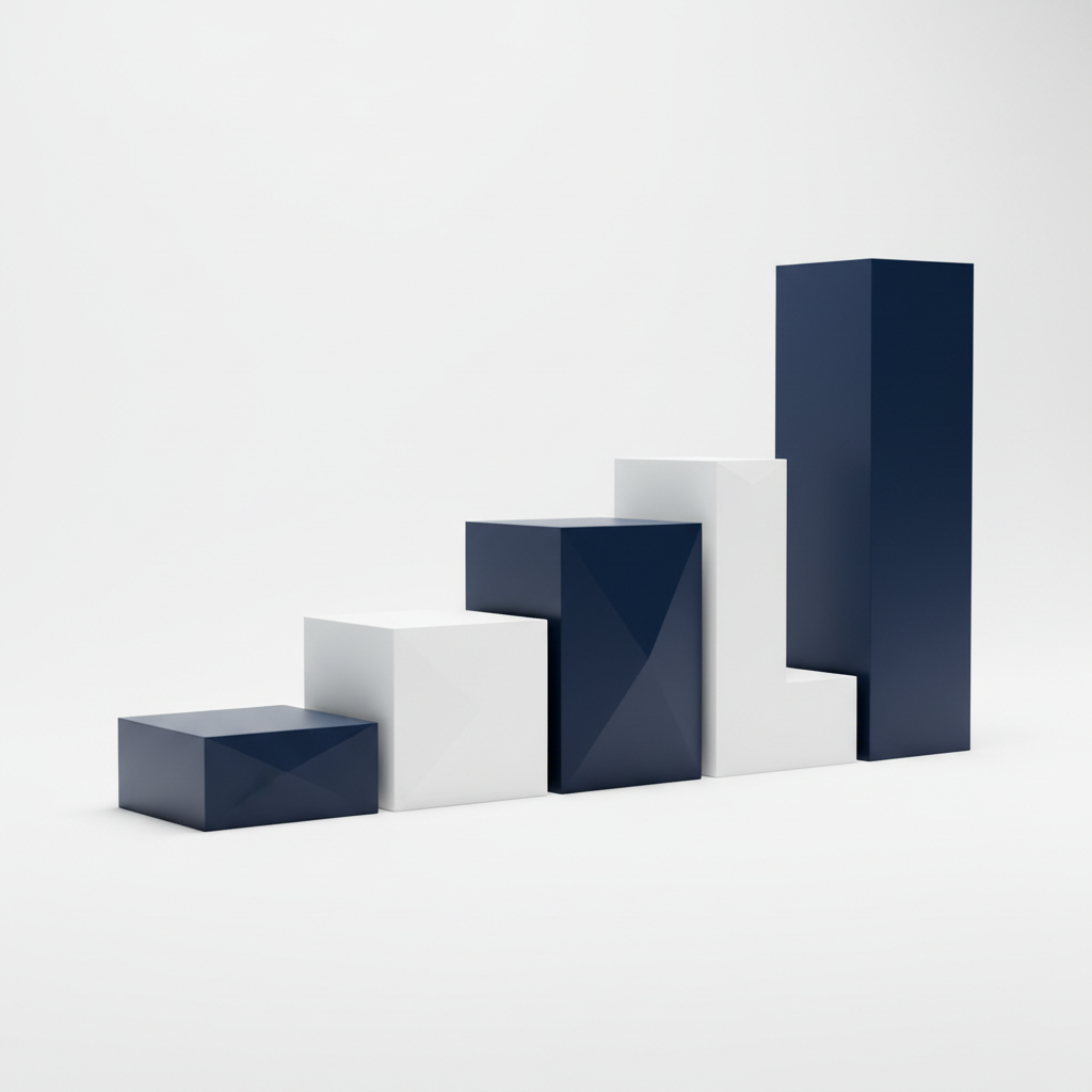 minimalist abstract composition of five geometric distinct blocks rising in steps, corporate dark blue and white color palette, 4k render, ultra clean