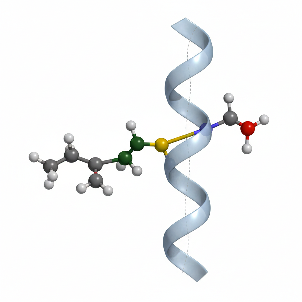 3d molecular structure of a farnesyl group attached to a cysteine residue on a protein alpha helix