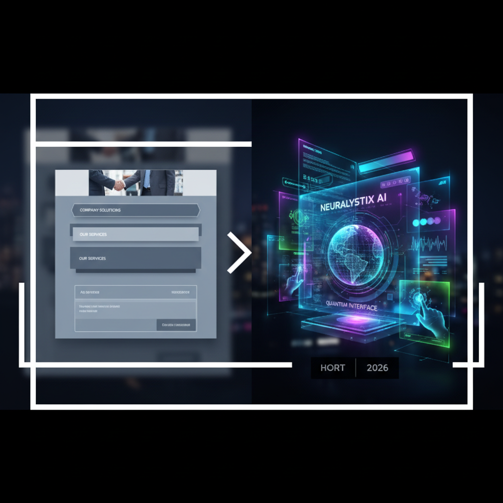 split screen comparison, left side old dated dull corporate website UI 2018 style grey and blue, right side futuristic vibrant hologram UI 2026 style with neon accents, high contrast