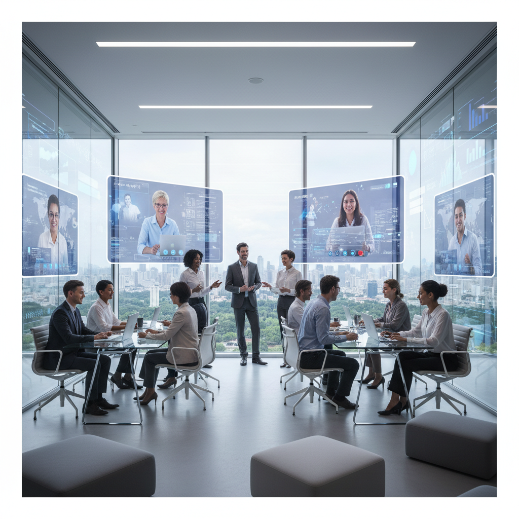 Modern diverse office environment with people collaborating via video conference screens, futuristic glass walls, professional atmosphere