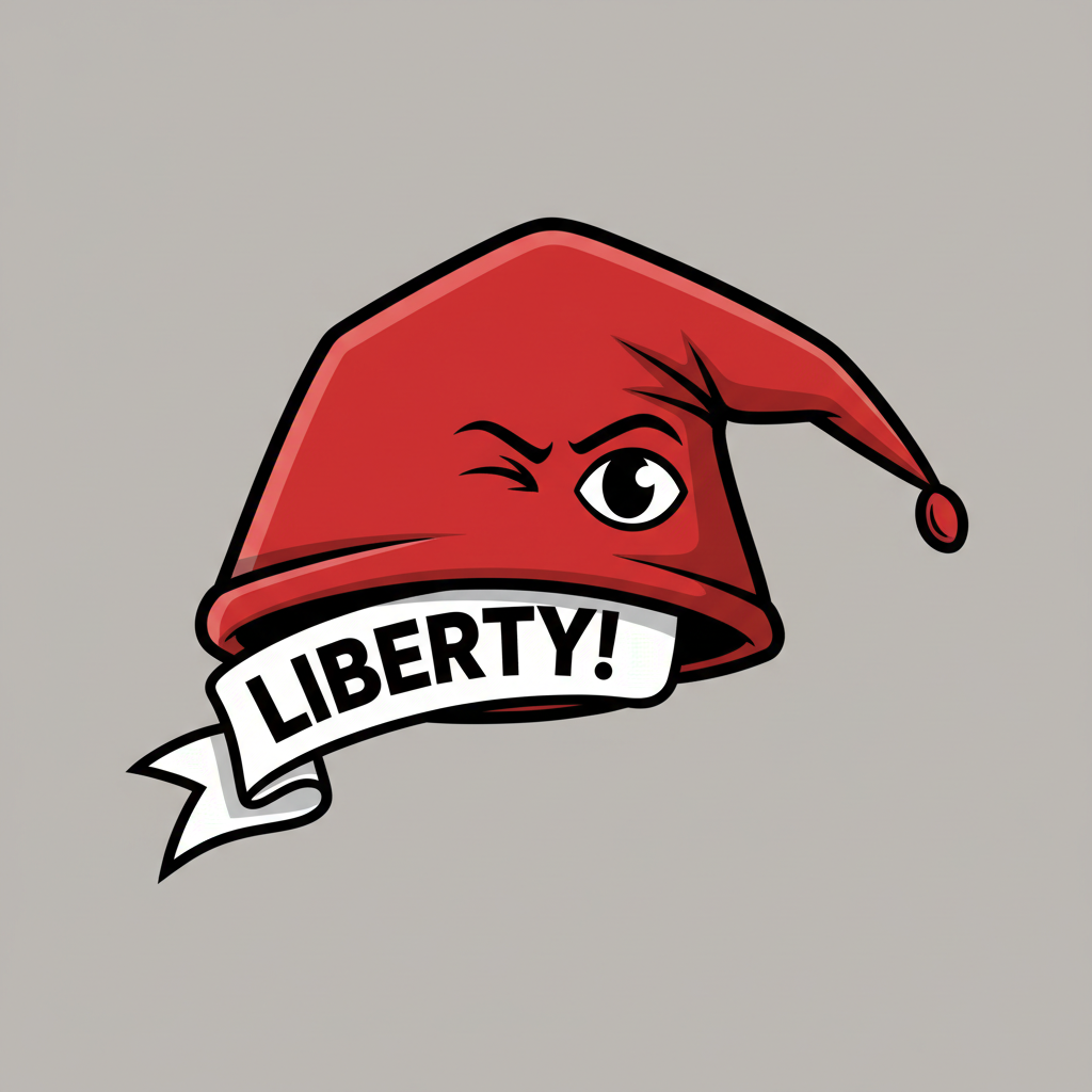 Satirical comic book style. Educational close-up. A red Phrygian cap isolated on a neutral background, drawn in a clear cartoon style with thick outlines.