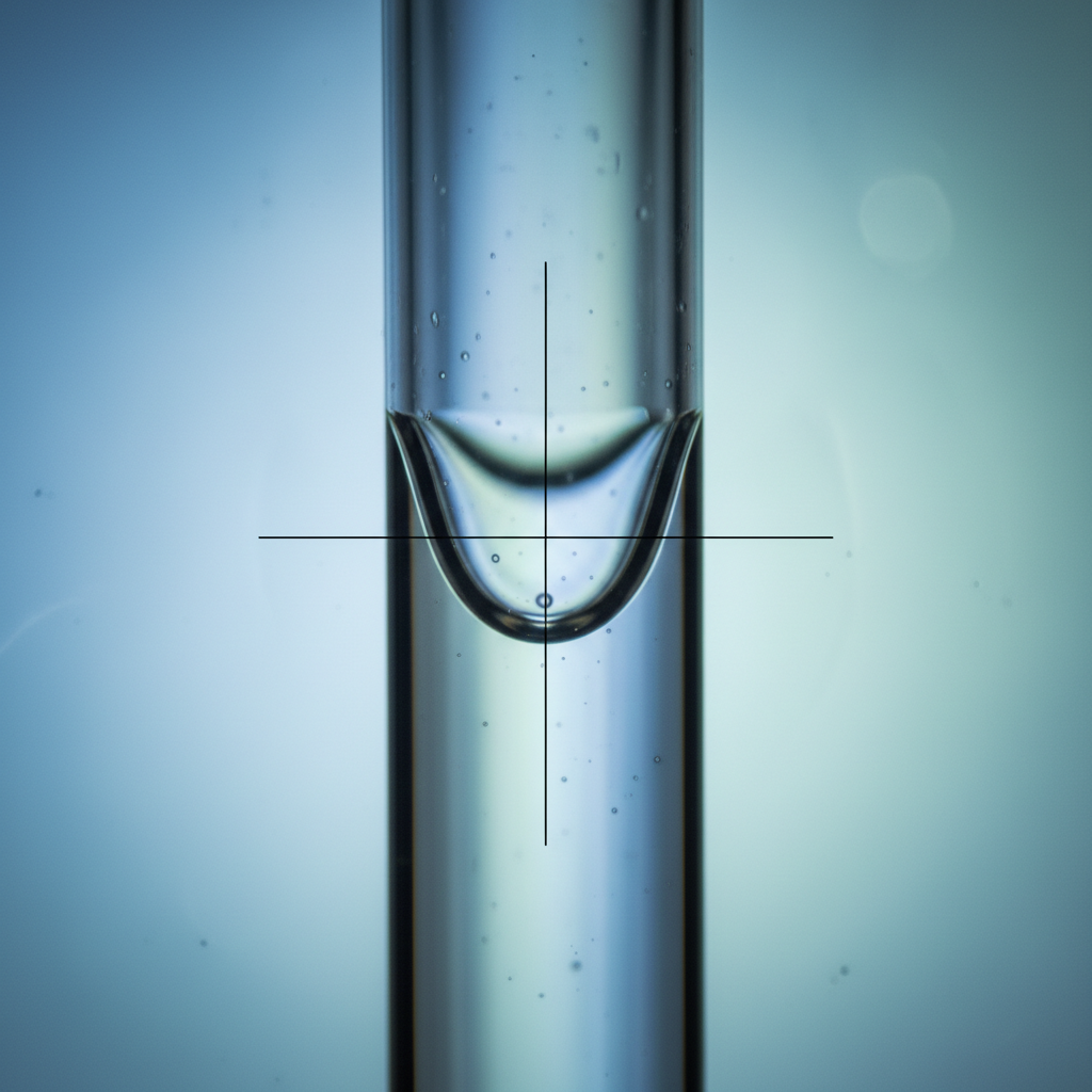 view through a microscope of a water meniscus in a glass tube with crosshair overlay
