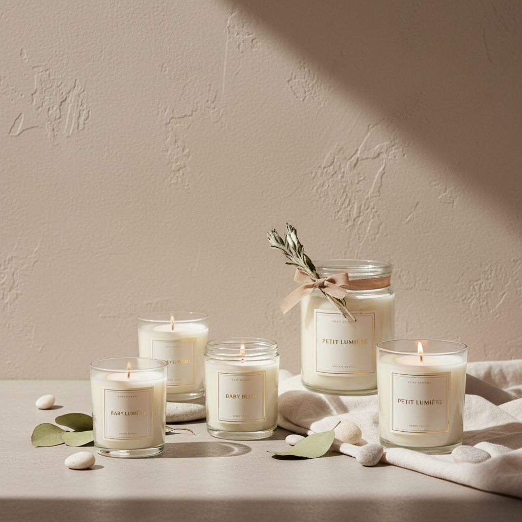 Elegant minimal baby shower candle display, soft sunlight, neutral beige and sage tones, high-end editorial photography, luxury candle branding, lots of white space