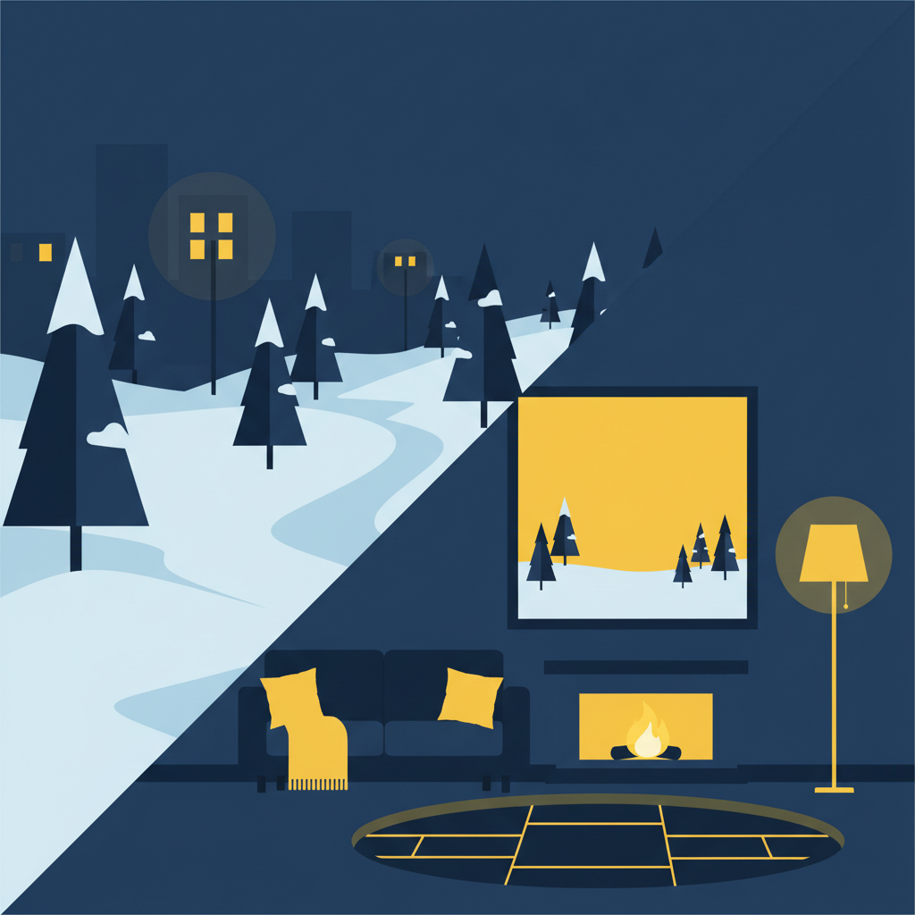 vector illustration showing contrast between cold snowy street and warm living room, dark blue color palette, bright yellow accents, flat design, minimalist