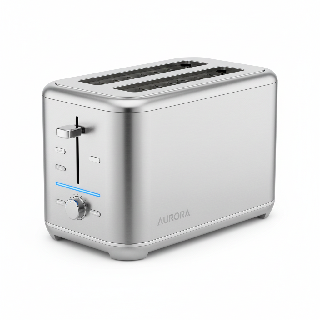 modern high-end stainless steel toaster, minimal product photography, studio lighting, white background, sleek industrial design