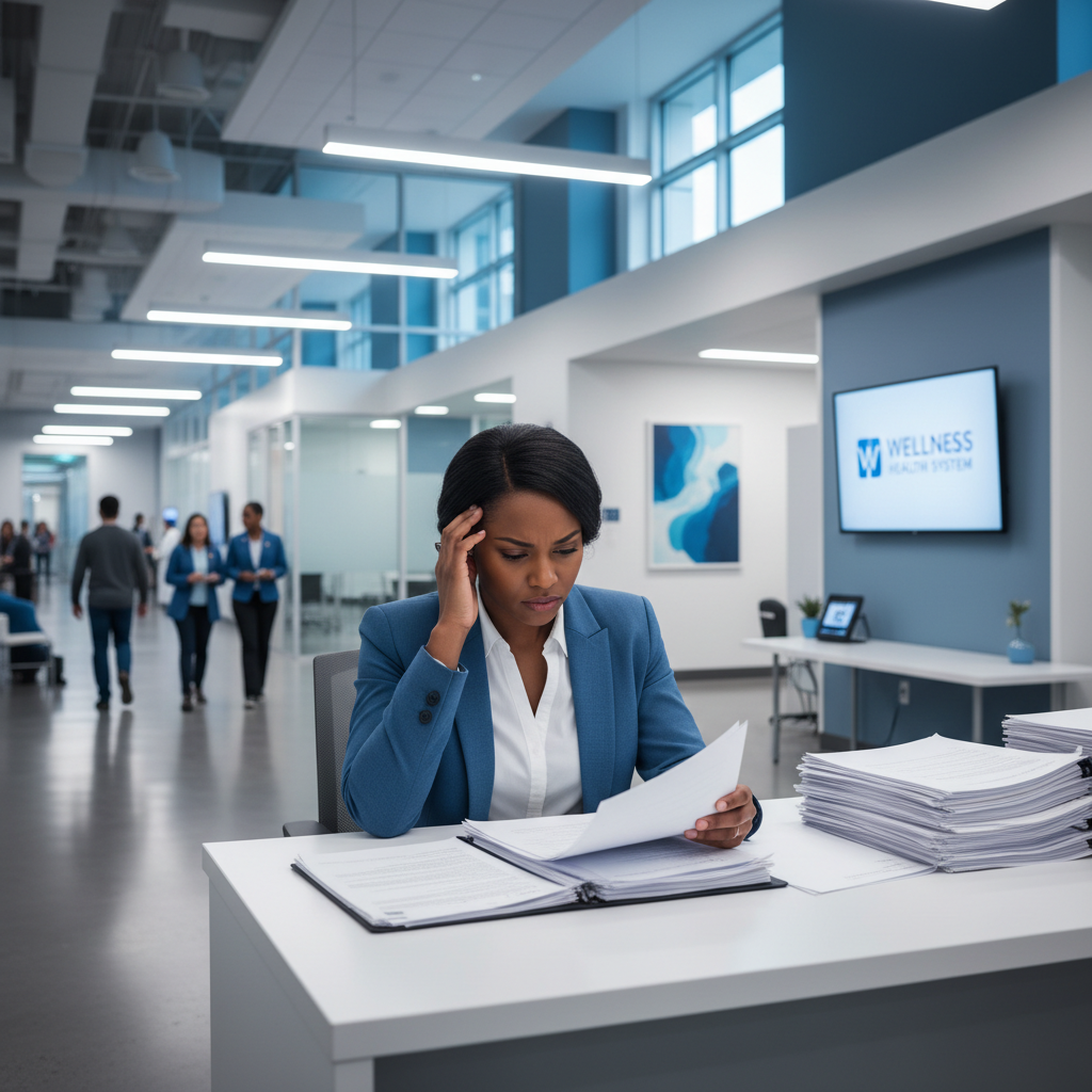A stressed Black hospital administrator dealing with paperwork in a bright modern hospital environment, clean white and blue color palette, professional lighting, photorealistic, high quality