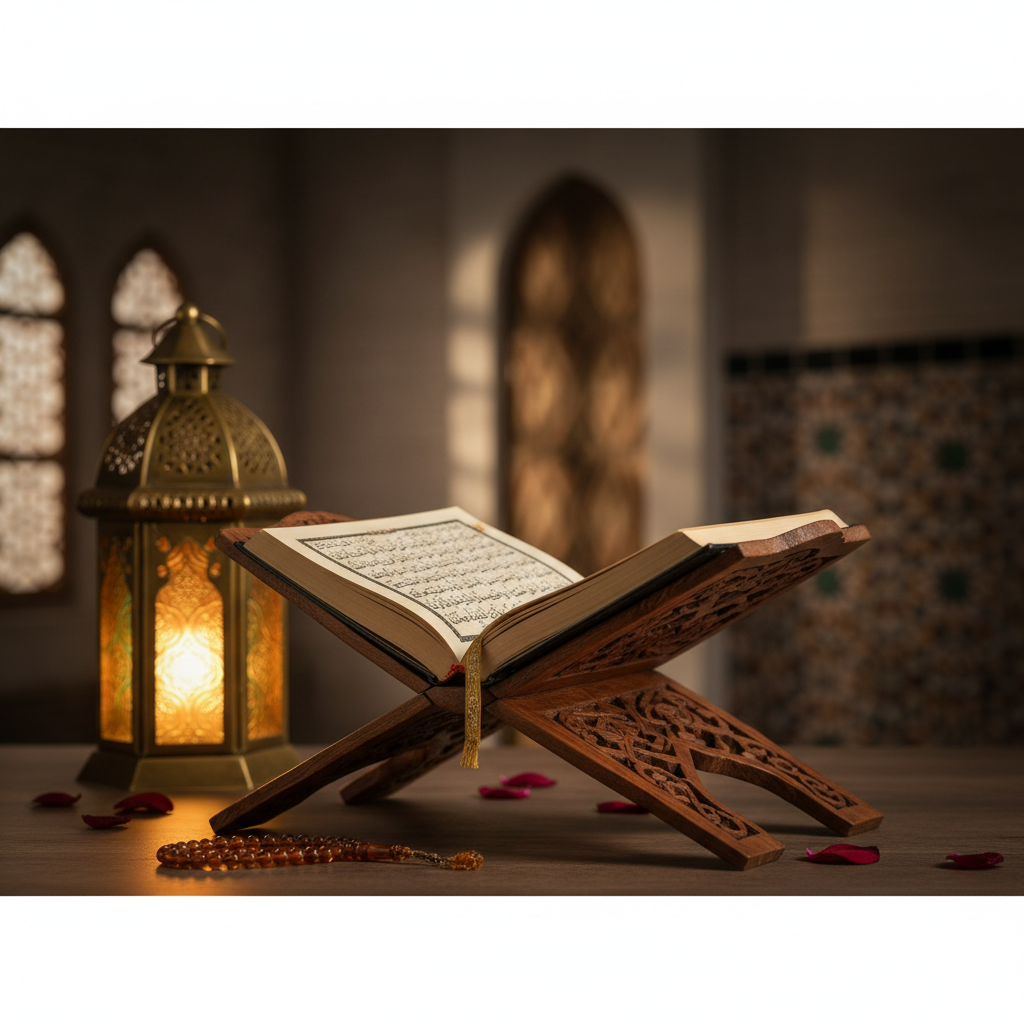 Holy Quran book on a wooden stand (Rehal), soft lantern light in background, spiritual atmosphere, high quality photo