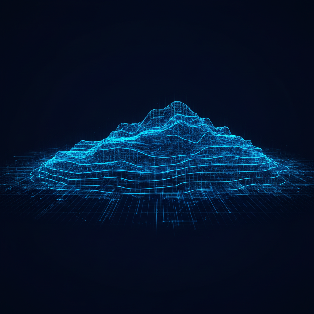 Wireframe digital terrain model of geological layers, blue lines on dark background, data driven visualization