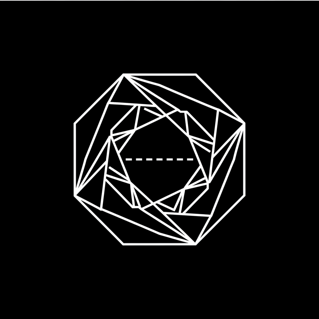 minimalist white line art symbol representing tension or duality, abstract geometric shapes, white on black background, clean lines