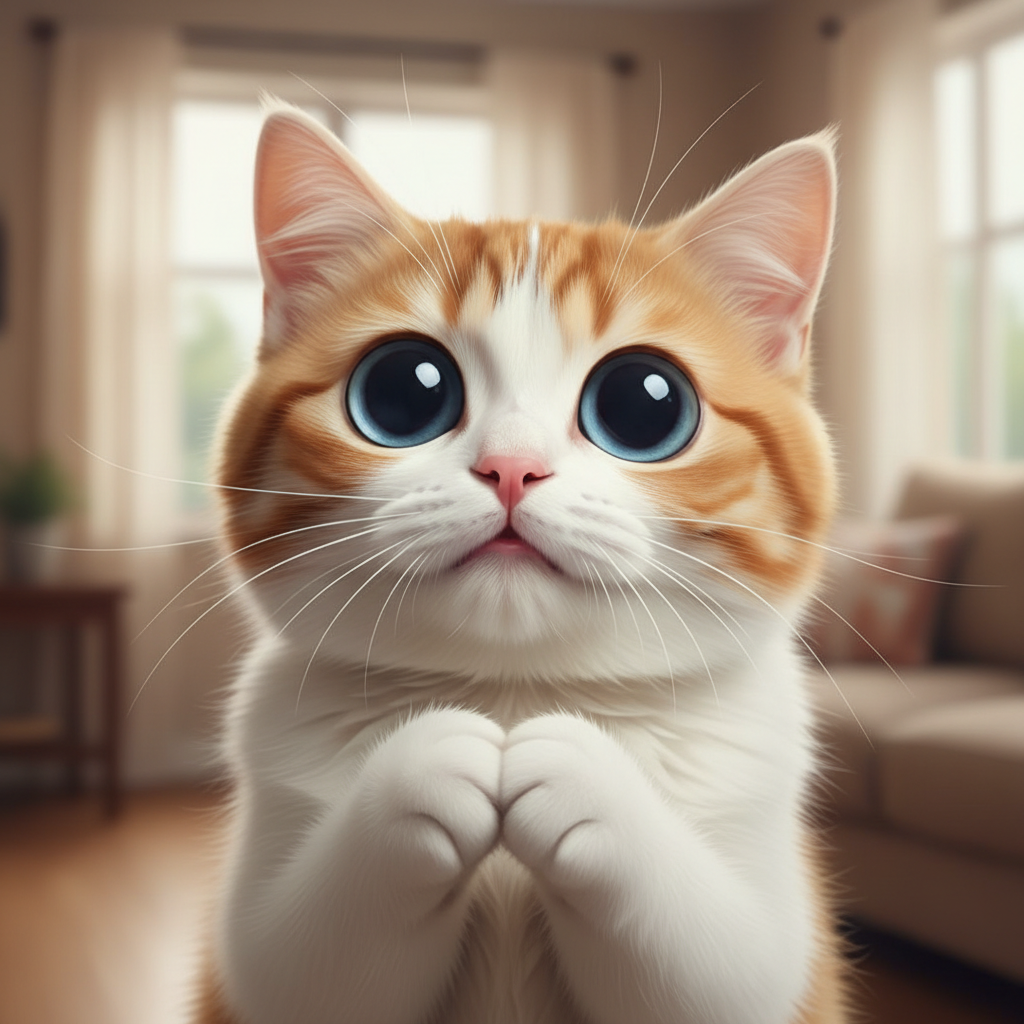 cute cat with big eyes pleading begging meme style
