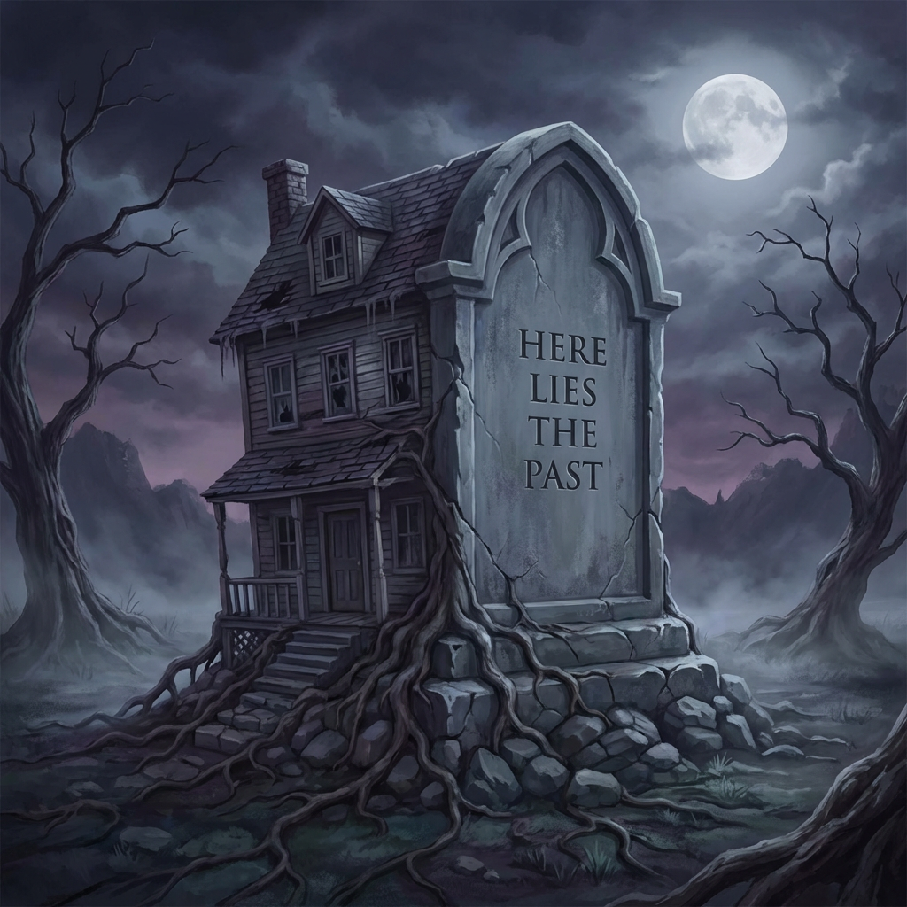 Conceptual illustration of a house merging into a tombstone, surrealism, dark mood