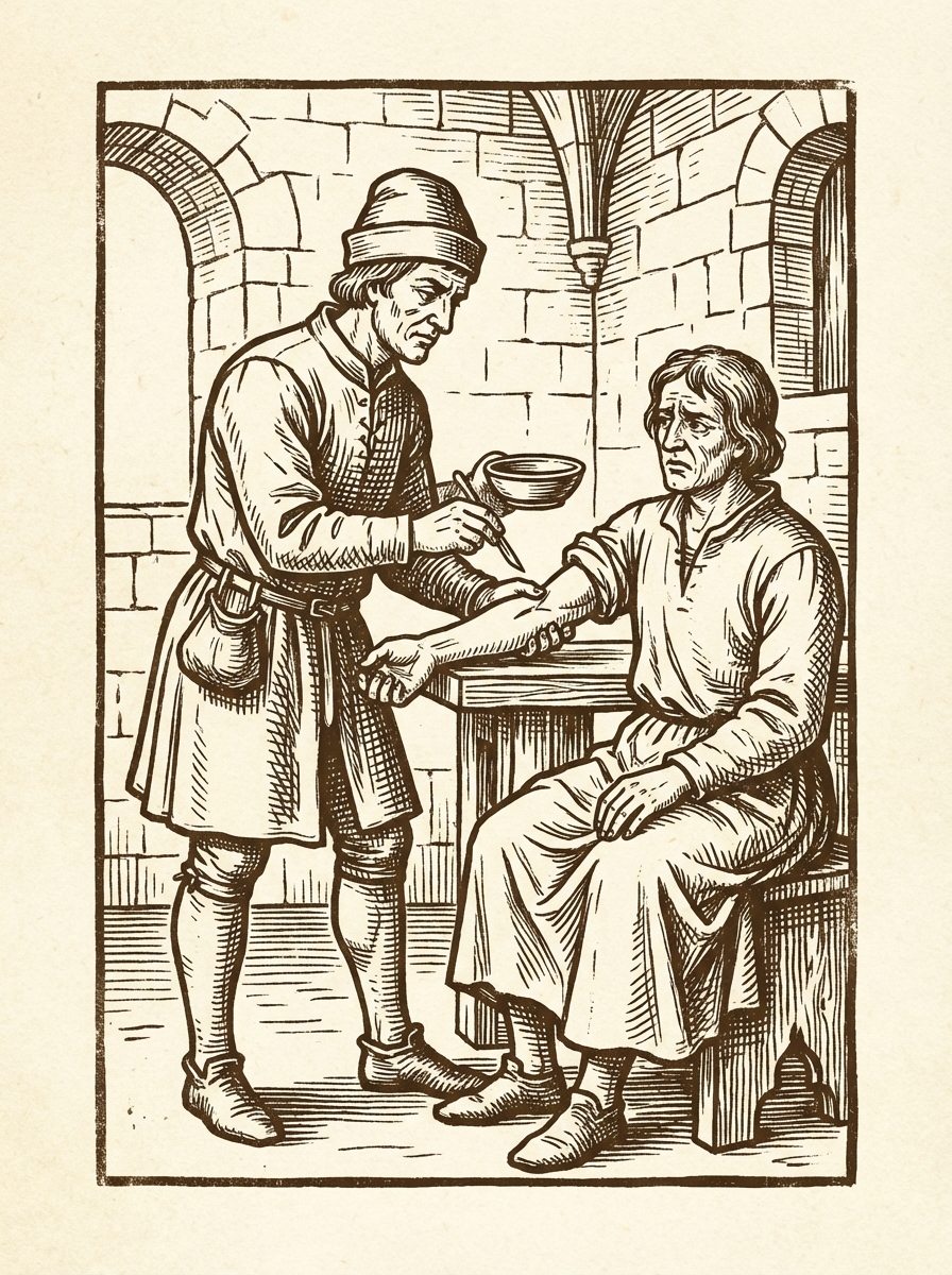 Old illustration of a medieval barber surgeon performing bloodletting on a patient's arm, woodcut style