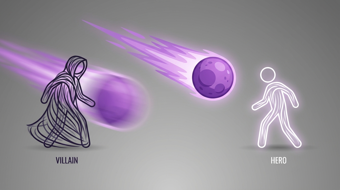 The Villain stickman throws a bright purple energy projectile at the Hero stickman. Action lines showing speed.