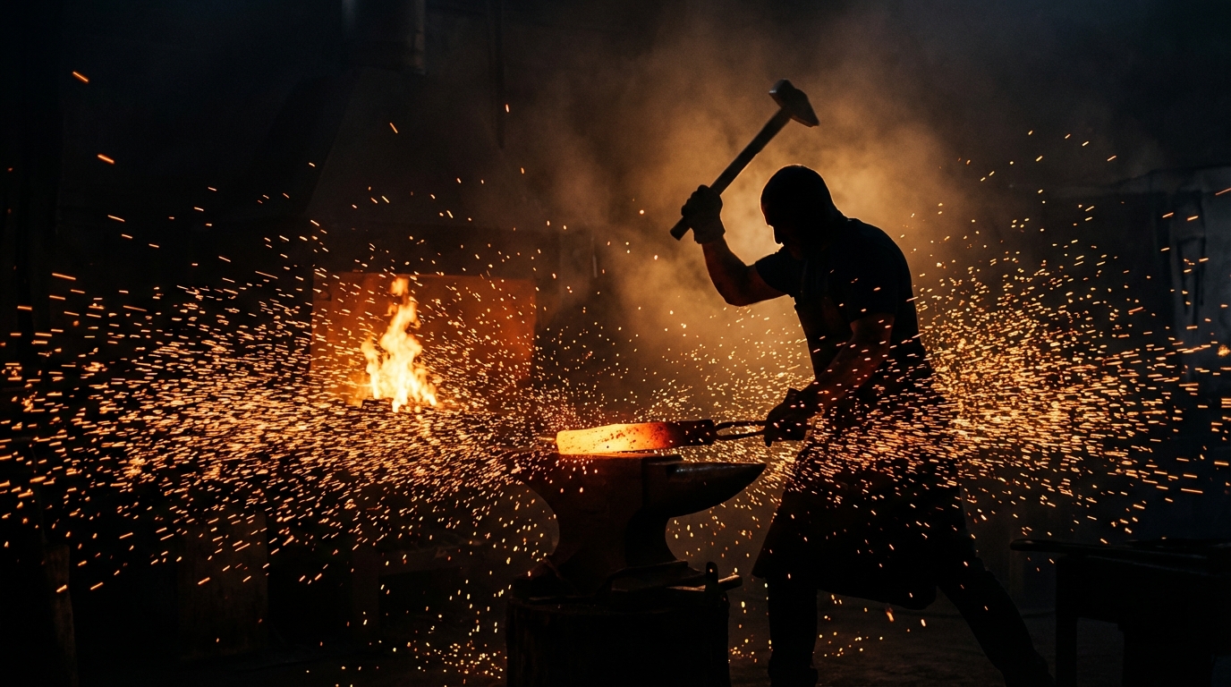 Silhouette of a blacksmith hammering heated steel, sparks flying massively, dark background, inspirational and powerful