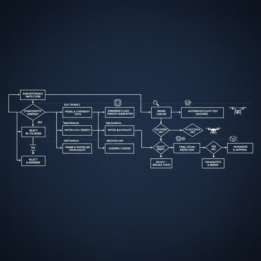 Schematic flowchart infographic of drone quality control process, tech style, blueprint aesthetic, white lines on dark blue