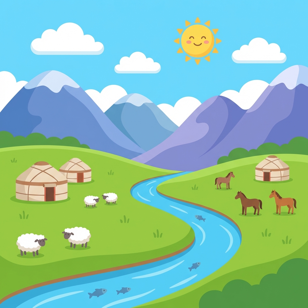 Kyrgyz mountains landscape, green pasture, blue river, sunny sky, simple playful vector illustration style