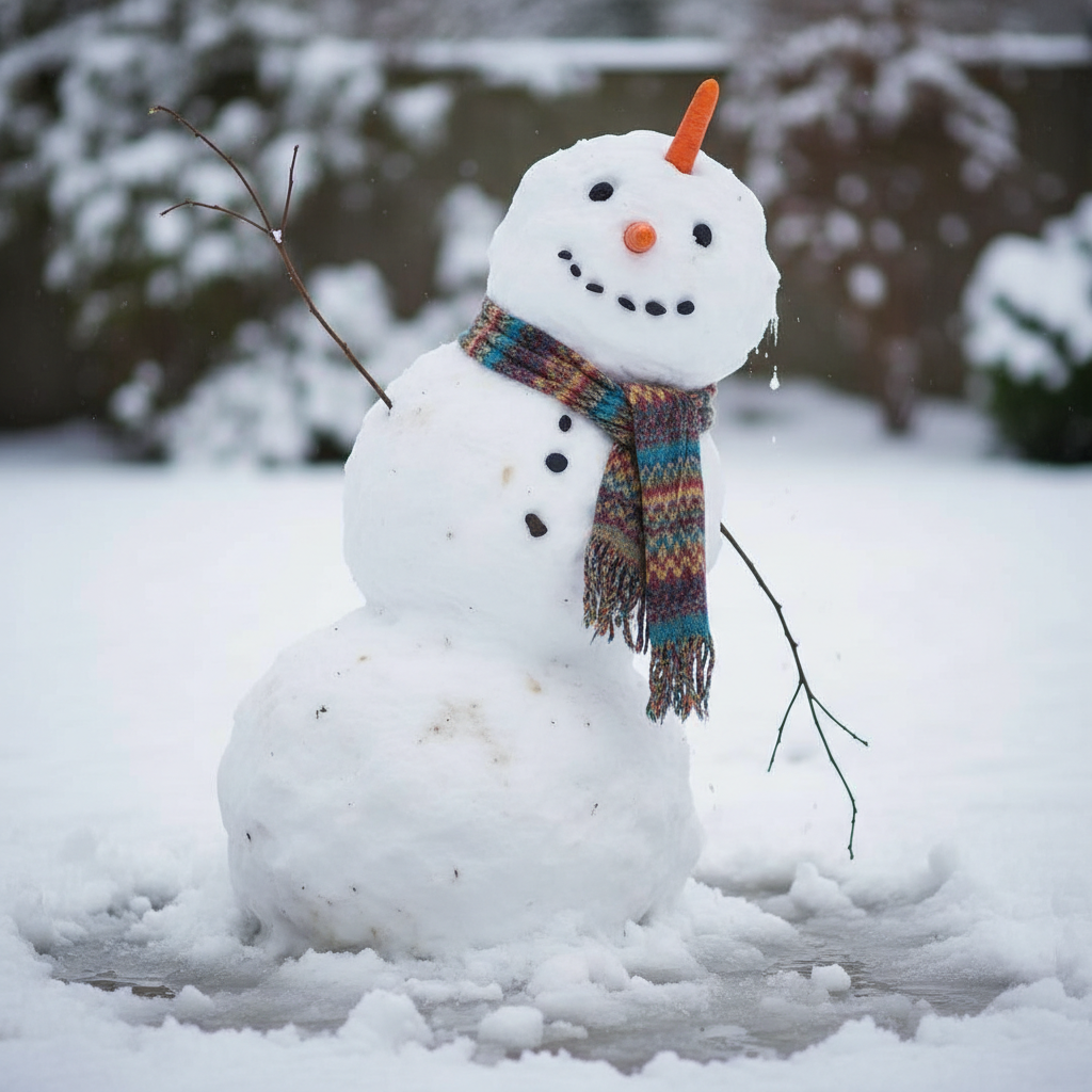 A hilariously failed snowman, lumpy, leaning over, carrot nose in the wrong place, looking pathetic and melty, pinterest fail style