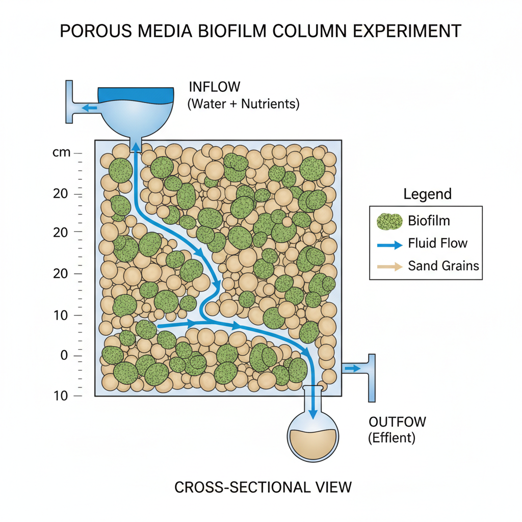 Cross-section diagram of a porous rock column experiment with fluid flow arrows and biofilm coating sand grains, scientific schematic, detailed