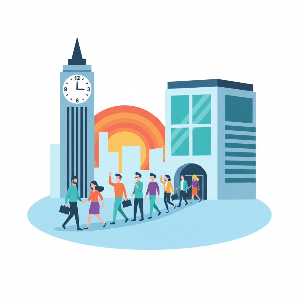 illustration of a clock showing 5 pm and people leaving an office, flat vector style, colorful