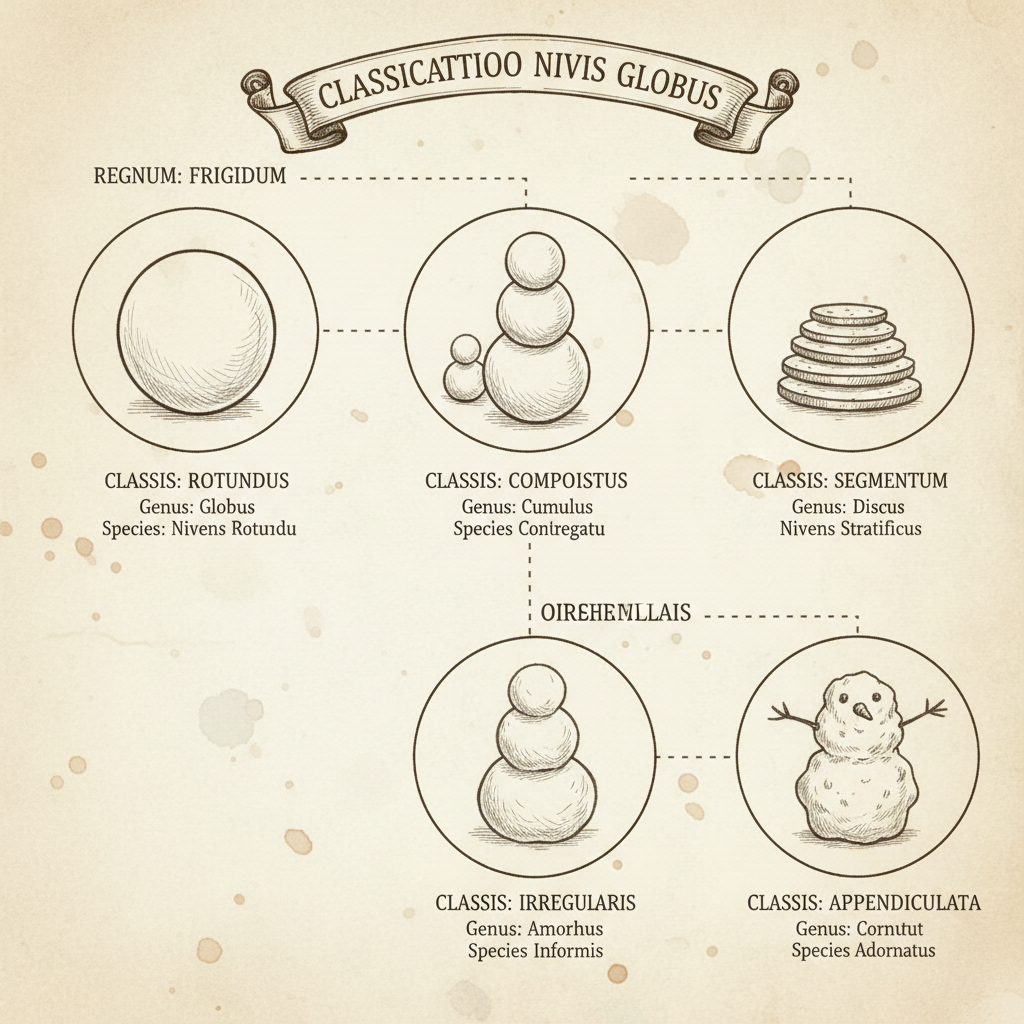 A hand-drawn vintage style biological classification chart of different round snowmen shapes, labeled with latin-sounding nonsense names, scientific sketch style
