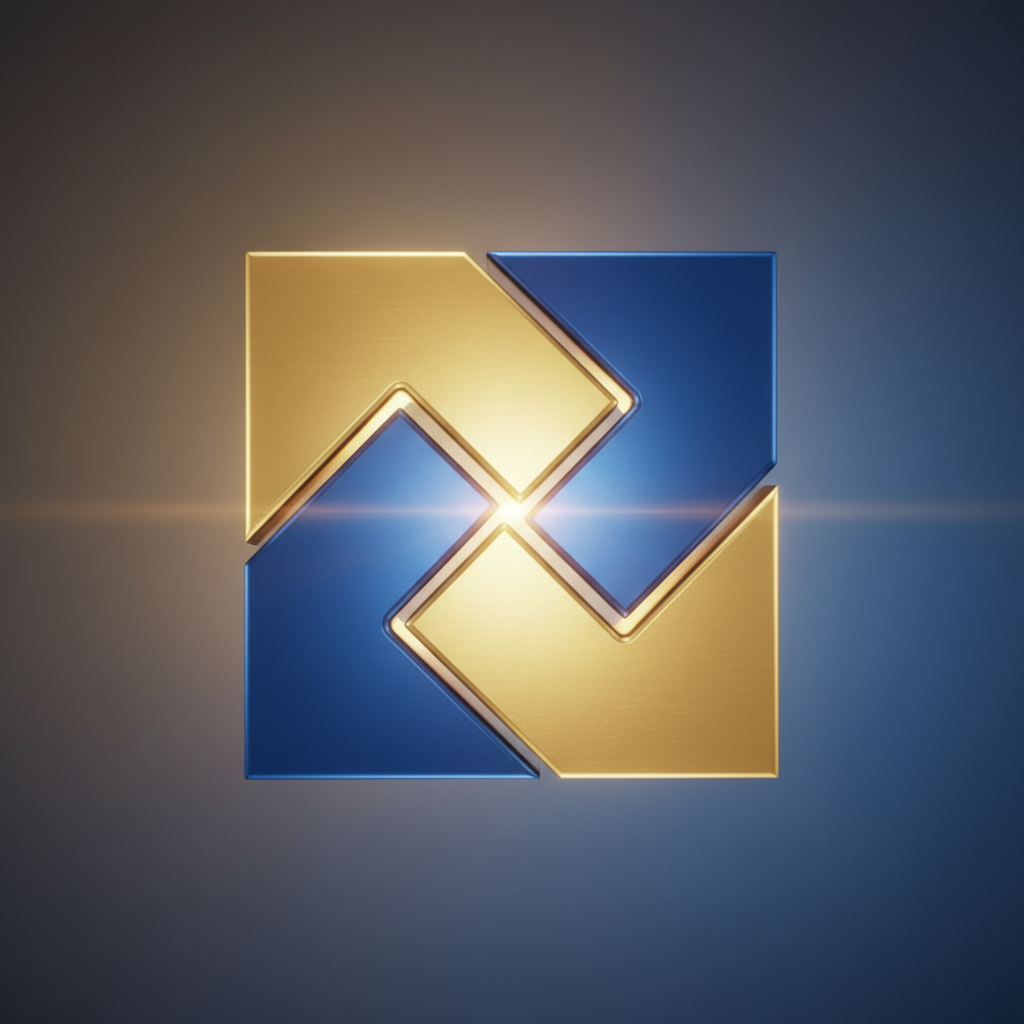 Abstract representation of trust, two geometric shapes fitting perfectly together like a puzzle, warm lighting, blue and gold colors, 3d render