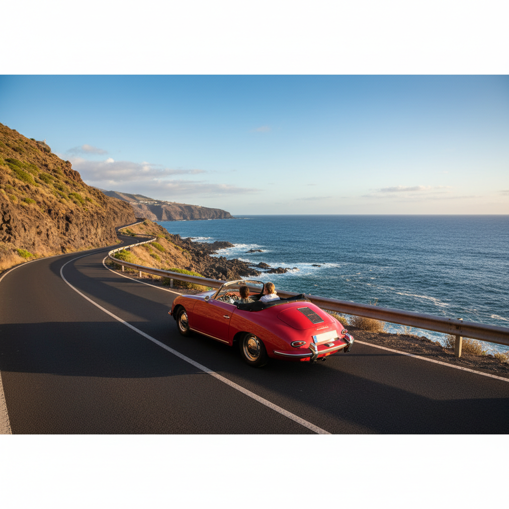 Convertible car driving on Gran Canaria coastal road ocean view