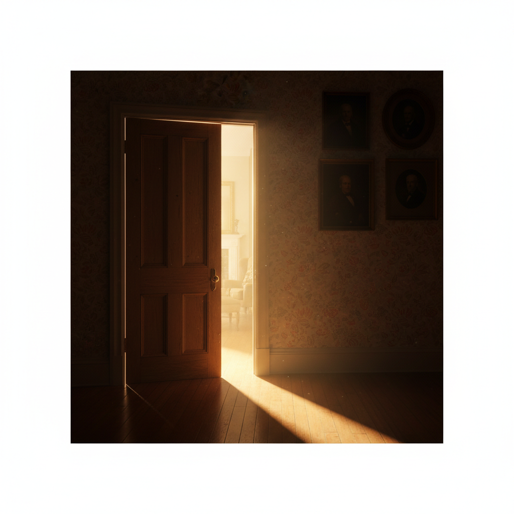 open door with warm inviting light spilling out into a hallway, symbolizing openness and welcome, photorealistic, cinematic