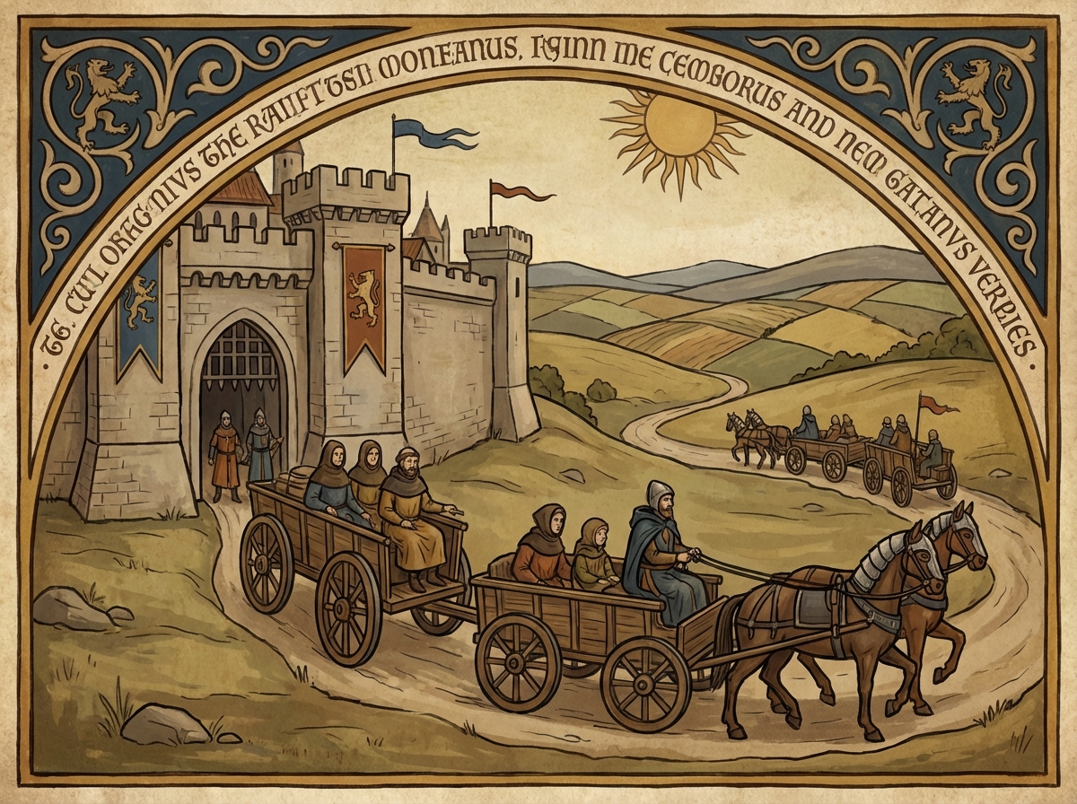 Painting of medieval people leaving a walled city gate with carts and horses, fleeing to countryside, stylized medieval art