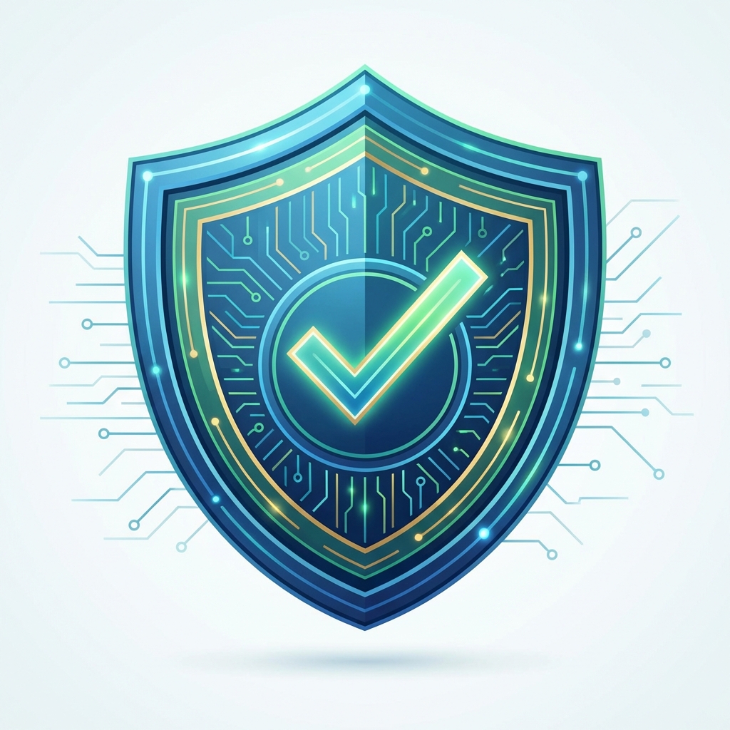 Illustration of a digital shield with a checkmark, representing cyber security integrity