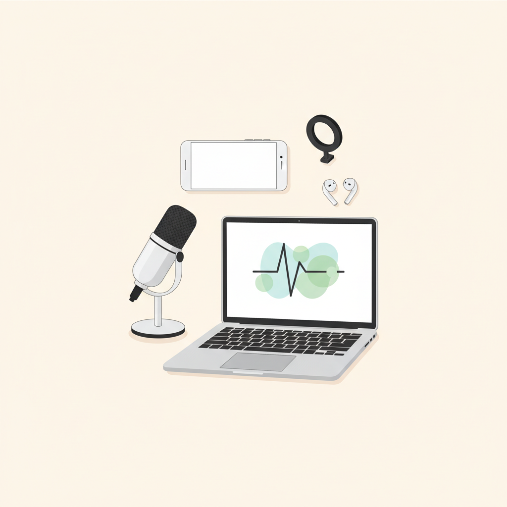 flat lay illustration of content creation tools smartphone microphone laptop, minimalist