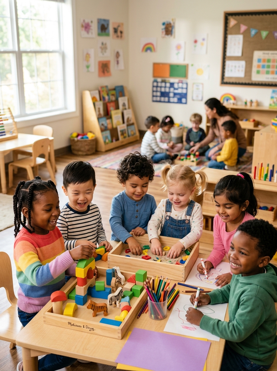 Children learning in a bright early childhood classroom